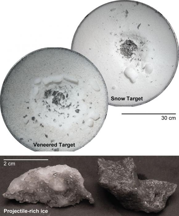 Cosmic flypaper Experiments using a high velocity cannon suggest that when asteroids hit targets that are icy or made of porous silicate materials, much of the impact material stays in the crater. The findings have implications for the surface composition of the dwarf planet Ceres. Image: NASA Ames Research Center