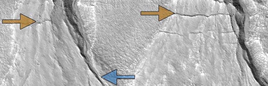 Sharp-featured, relatively recent gullies (blue arrows) and degraded older gullies (gold) in the same location on the surface of Mars suggest multiple episodes of liquid water flow, consistent with cyclical climate change on the Red Planet.