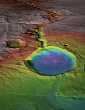 Although the surface is now cold and desiccated, in early Mars history water formed an open-basin lake, filling the crater, forming a delta, and breaching the lower rim as water flowed to lower elevations (blue).