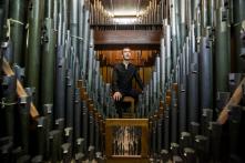 Mark Steinbach in the organ at Sayles Hall.